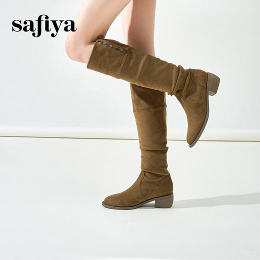 预售12天|Safiya/索菲娅2024秋冬绒面弹力遮肉显瘦尖头粗跟长筒西部靴 SF44117247 商品图6