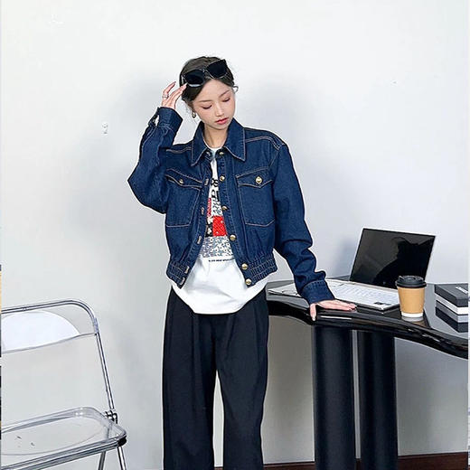 【顺丰包邮】20203 洛诗琳美式复古蓝时髦感复古风翻领牛仔外套女058 商品图1