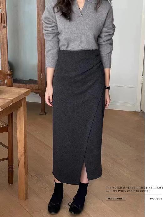 【法式褶皱包臀半身裙】高腰 秋冬新款 设计感修身显瘦 不规则开叉中长款 商品图3