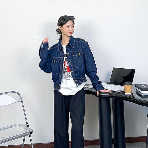 【顺丰包邮】20203 洛诗琳美式复古蓝时髦感复古风翻领牛仔外套女058 商品图2