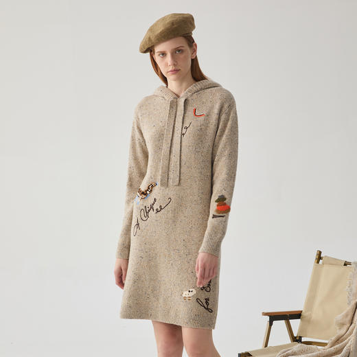 谜底针织连衣裙女2024冬季新品复古连帽羊毛混纺中长裙244MZ1899 商品图1