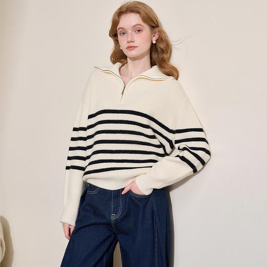 慵懒风黑白条纹拉链翻领毛衣女秋冬保暖针织衫上衣V4443592 商品图4