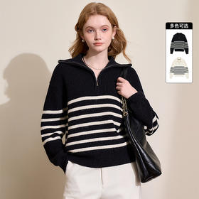 慵懒风黑白条纹拉链翻领毛衣女秋冬保暖针织衫上衣V4443592