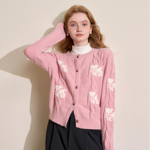 慵懒风气质甜美小狗麻花针织衫女早春圆领宽松针织外套V4343576 商品图2