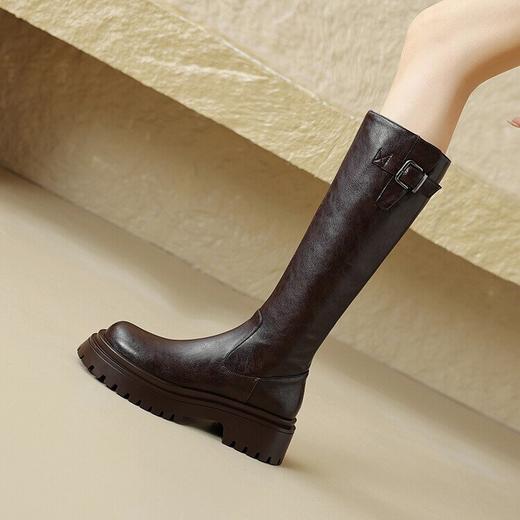 【预售7天】牛皮厚底西部骑士靴，皮带扣防水台加绒高筒长靴HB&Z975-1 商品图1