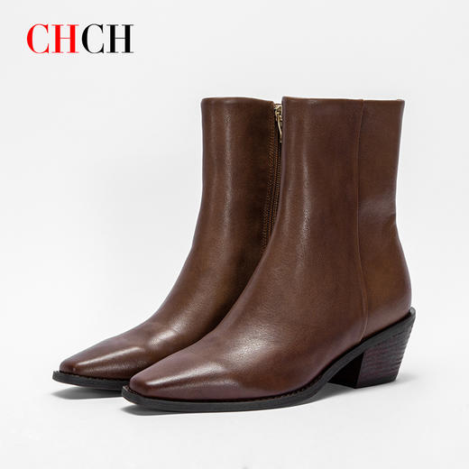 CHCH平衡鞋短靴秋冬新品油蜡羊皮拉链粗跟时尚女靴短靴CN2B7011 商品图1