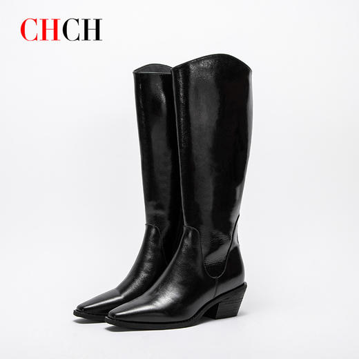 CHCH平衡鞋长靴2024秋冬新品牛油皮拉链粗跟时尚女靴长筒靴CN2B8021 商品图4