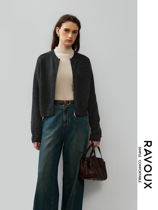 264099906圆领拉链修身羊毛开衫 商品图0