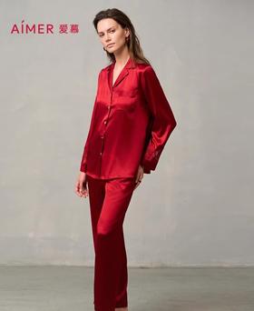 爱慕婚礼之夜红色睡衣女含真丝翻领长袖分身家居套装