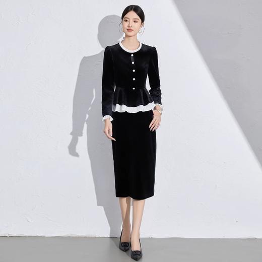 IWY/黑色丝绒职业套装女法式赫本风秋季新款时尚显瘦长袖套裙通勤工装1024CS010 商品图0