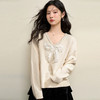 慵懒温柔甜美钉珠蝴蝶结针织衫女深V领宽松毛衣V3842947 商品缩略图3