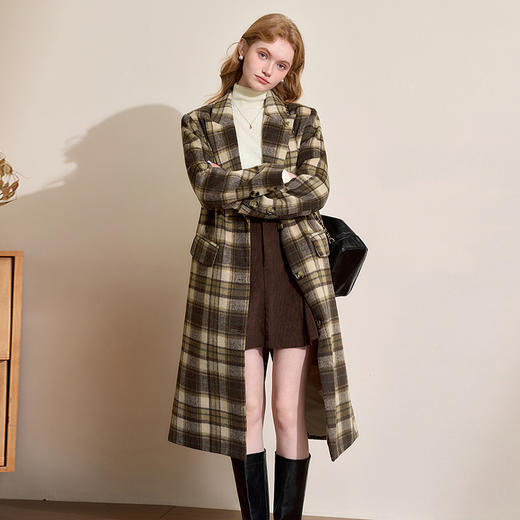 复古英伦风格纹翻领中长款大衣女秋冬保暖呢料外套V4242923 商品图3