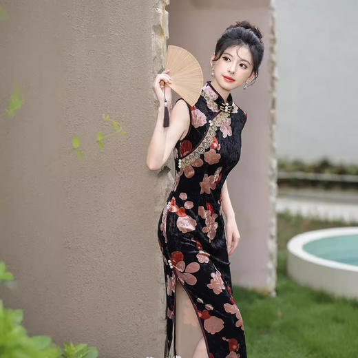 时尚长款丝绒无袖，单层花边旗袍TM7925 商品图3