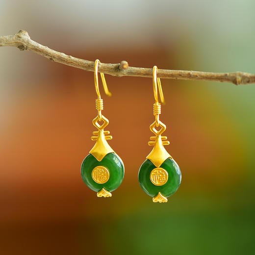 配证书旗袍汉服纯银福字琵琶平安扣和田碧玉耳坠JX12279-6 商品图0