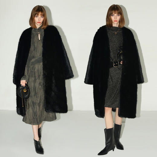 COCOBELLA仿貂绒横排工艺环保皮草外套长款保暖大衣FU3006-2 商品图3