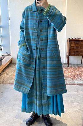 MAKU textiles｜羊毛棉湖蓝条纹长外套大衣