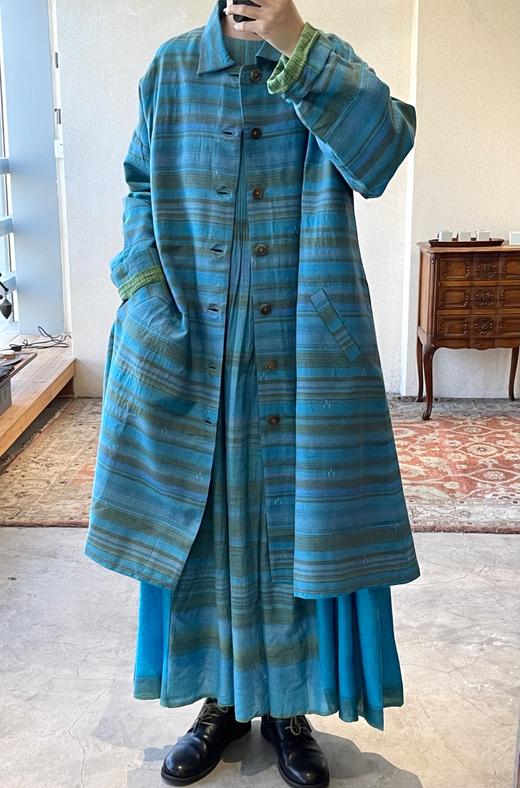 MAKU textiles｜羊毛棉湖蓝条纹长外套大衣 商品图0