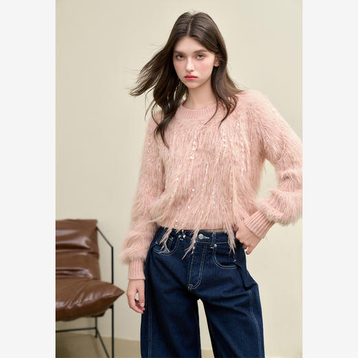 西遇毛绒针织上衣女秋季新款流苏设计感短款圆领套头毛衣D0043728 商品图3