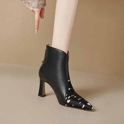 【预售5天】名媛辣妈性感时装靴，尖头粗跟高跟女靴马毛拼接短靴QS&6028 商品图2