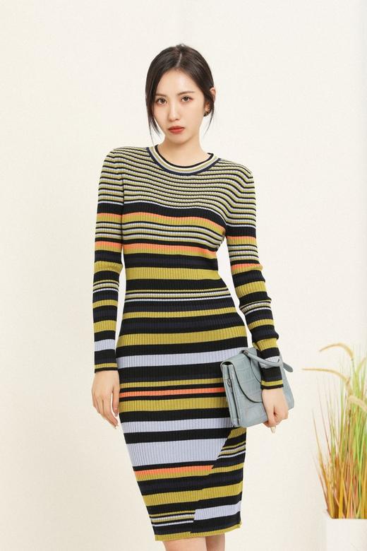 ANSUABEL 圆领复古撞色条纹针织连衣裙 14694 商品图1