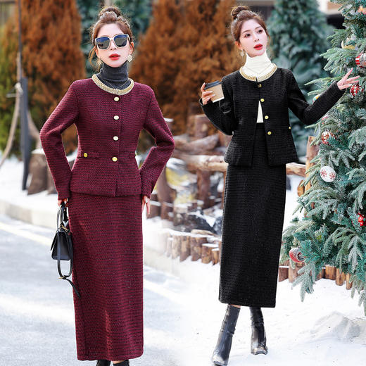 新款冬装休闲百搭小香粗花呢设计气质加棉保暖两件套套裙HR-HMQY2878 商品图0