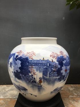 青花釉下彩泉落青山出白云赏瓶