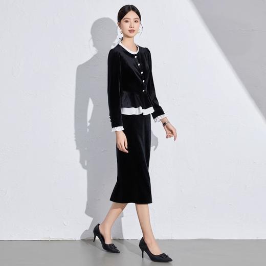 IWY/黑色丝绒职业套装女法式赫本风秋季新款时尚显瘦长袖套裙通勤工装1024CS010 商品图1