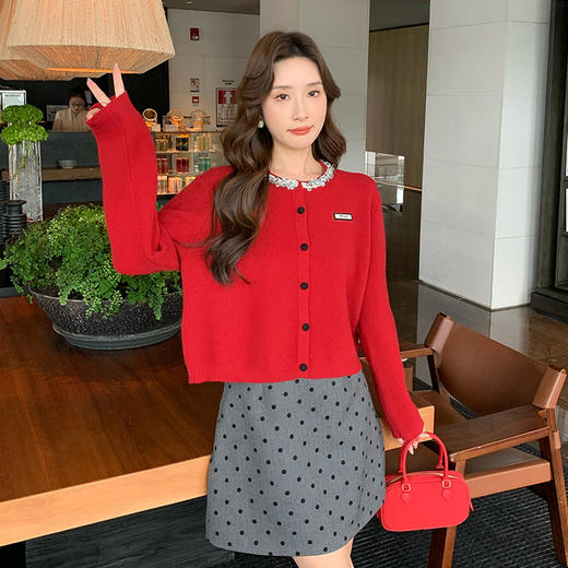 奢姿大码女装2024秋季钻饰设计针织开衫胖妹妹时尚简约百搭上衣8843368250 商品图0