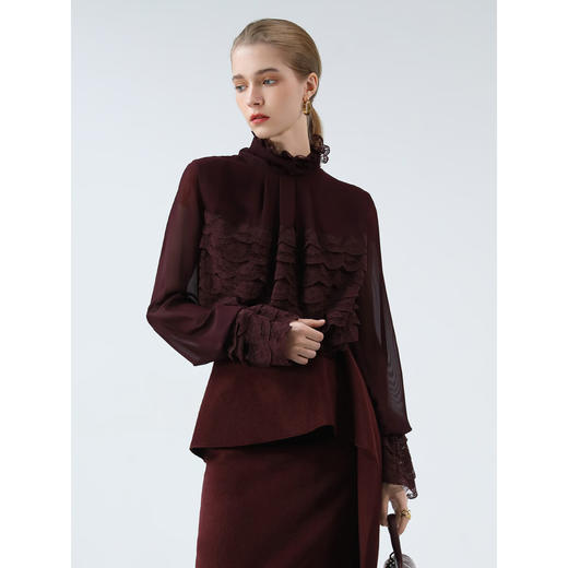 【限时秒杀】COCOBELLA精致女人味优雅多层蕾丝衫赫本风长袖衬衫LC7028-2 商品图5