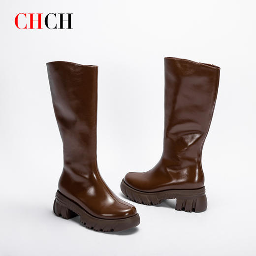 CHCH平衡鞋长靴秋冬新品牛油皮拉链粗跟时尚女靴长筒靴CN2B8031 商品图3