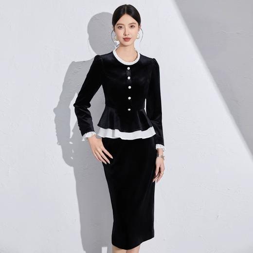 IWY/黑色丝绒职业套装女法式赫本风秋季新款时尚显瘦长袖套裙通勤工装1024CS010 商品图2