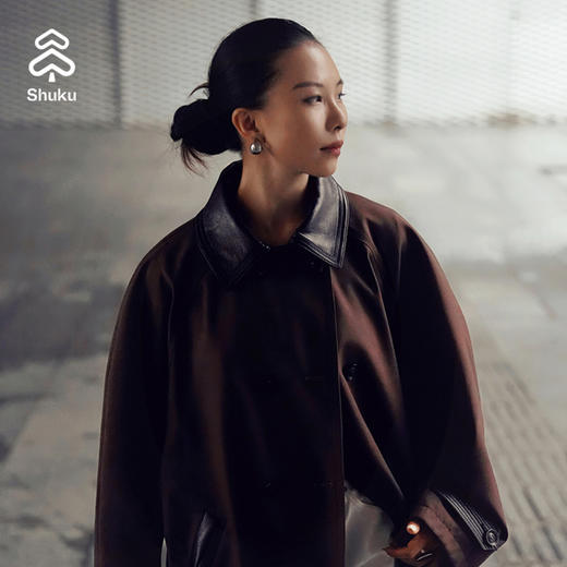 舒库羊毛风衣女秋季摩登复古拼接中长款外套oversize高级感 商品图1