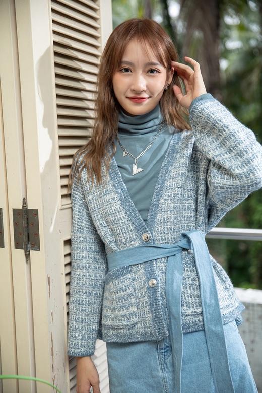 L.Fleuri 粗花呢腰带收腰V领针织开衫 14705 商品图3