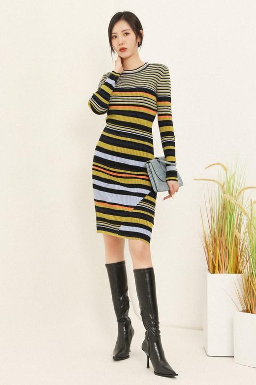 ANSUABEL 圆领复古撞色条纹针织连衣裙 14694 商品图0