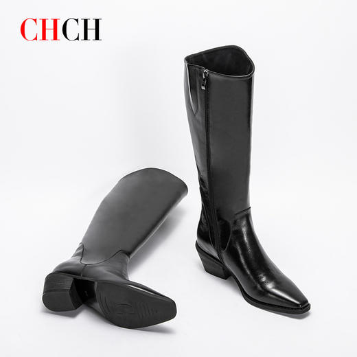 CHCH平衡鞋长靴2024秋冬新品牛油皮拉链粗跟时尚女靴长筒靴CN2B8021 商品图1
