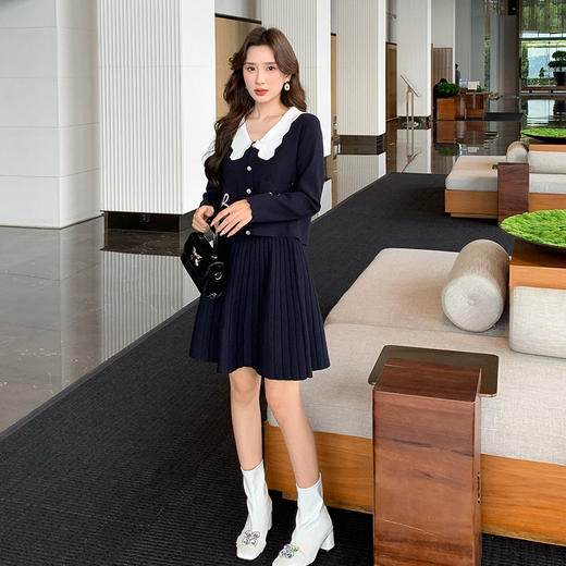 奢姿2025年秋冬新款时尚套装学院风撞色翻领针织衫短裙两件套女9843969042 商品图4
