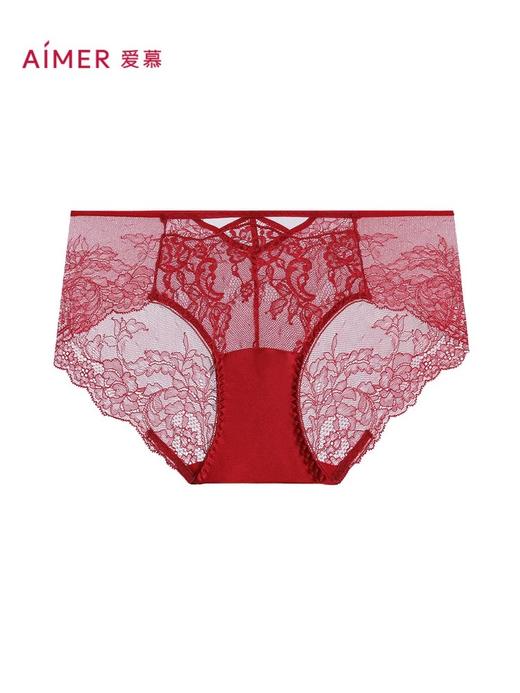 爱慕婚礼之夜秋冬内裤女红色性感蕾丝棉质底裆中腰平角裤 商品图1