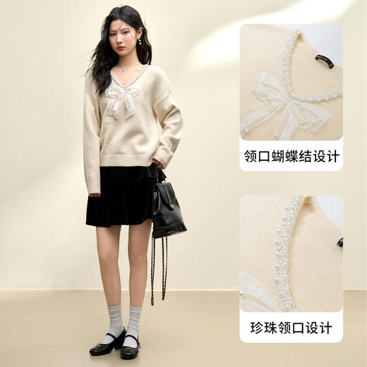 慵懒温柔甜美钉珠蝴蝶结针织衫女深V领宽松毛衣V3842947 商品图2