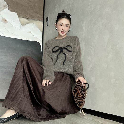 PIANAI冷小姐#韩~氛围感单品 丝绒拼蕾丝边下摆压皱半裙 商品图1