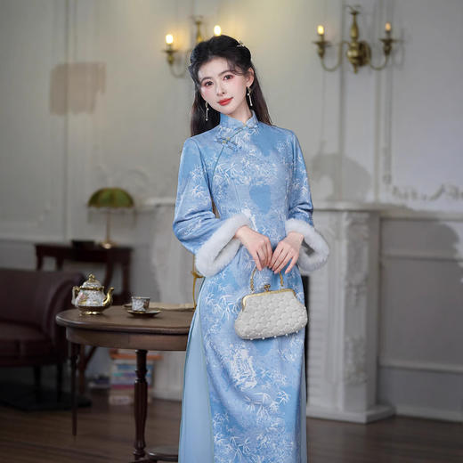 新款蓝色淑女改良大袖奥黛旗袍TM7940 商品图1