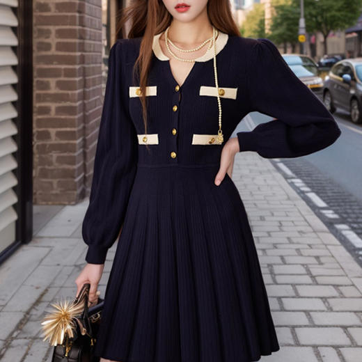 奢姿2024年秋冬新款大码女装复古法式裙子胖妹妹小香风百褶连衣裙9844890305 商品图4