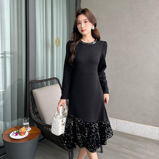 奢姿2024年秋季新款大码女装设计感针织裙子胖妹妹拼接亮片连衣裙9943855694 商品图0