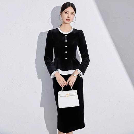 IWY/黑色丝绒职业套装女法式赫本风秋季新款时尚显瘦长袖套裙通勤工装1024CS010 商品图3