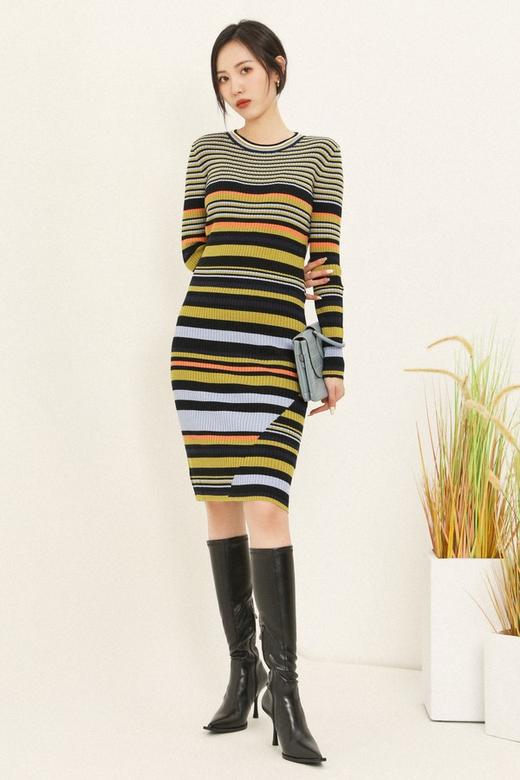 ANSUABEL 圆领复古撞色条纹针织连衣裙 14694 商品图2