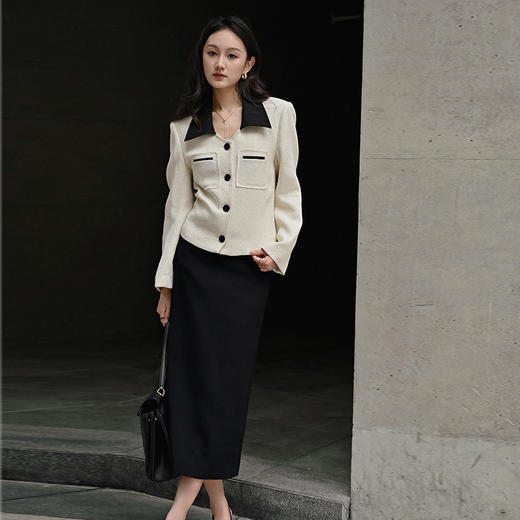 【顺丰包邮】99231 洛诗琳设计感卡腰小香外套直筒开叉半裙套装60402 商品图0