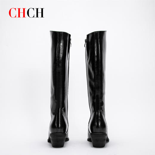 CHCH平衡鞋长靴2024秋冬新品牛油皮拉链粗跟时尚女靴长筒靴CN2B8021 商品图3