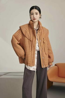 ANSUABEL 橘棕色华夫格抽绳羽绒外套 19356