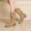 西村名物2024秋冬新款复古英伦风尖头粗跟褶皱美拉德中筒靴女T24DC46861 商品缩略图4