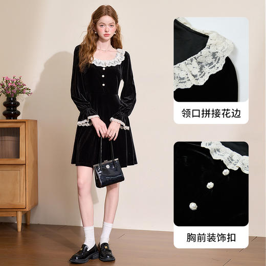 西遇短款赫本风丝绒小黑裙女冬季新款收腰淑女A字版型裙子14342969 商品图2