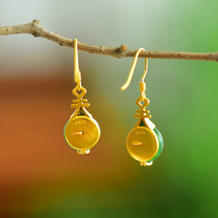 12279-6 镀金福字琵琶平安扣碧玉耳坠 (1)